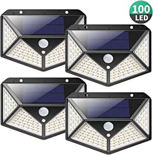 Luz Solar Exterior 100 LED- [2200mAh Ahorro de Energía Super] iPosible 270 °Iluminación de Cuatro Lados Foco Solar con Sensor de Movimiento Impermeable Lámpara Solar 3 Modos para Jardín 4-Paquete